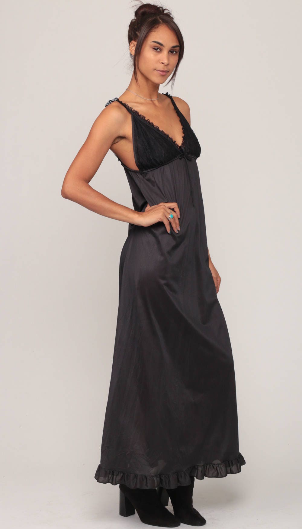 70s Black Lace Maxi Slip Dress Empire Waist V-Neck Nightgown Small