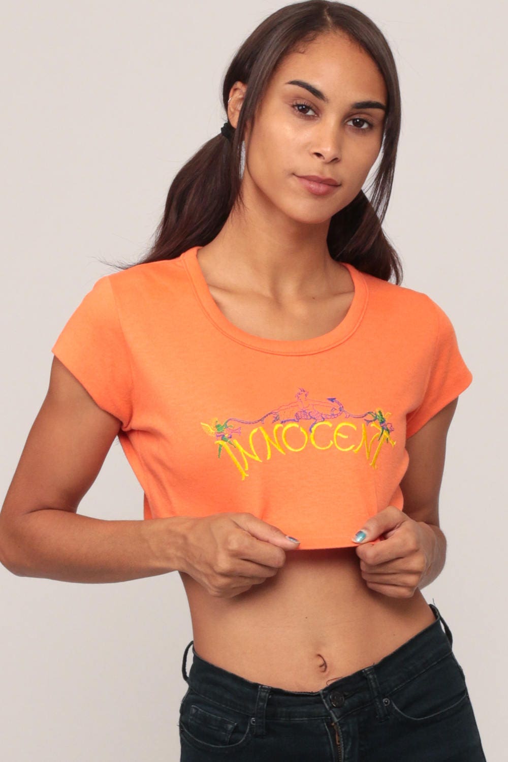 70s Innocent Crop Top Orange Angel Devil Embroidered Graphic Tee Small