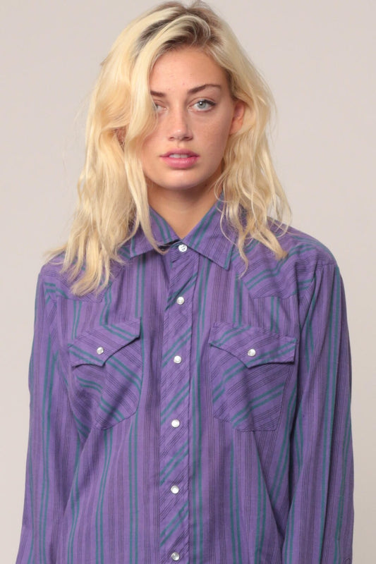 80s Western Pearl Snap Striped Purple Button-Up Shirt Medium