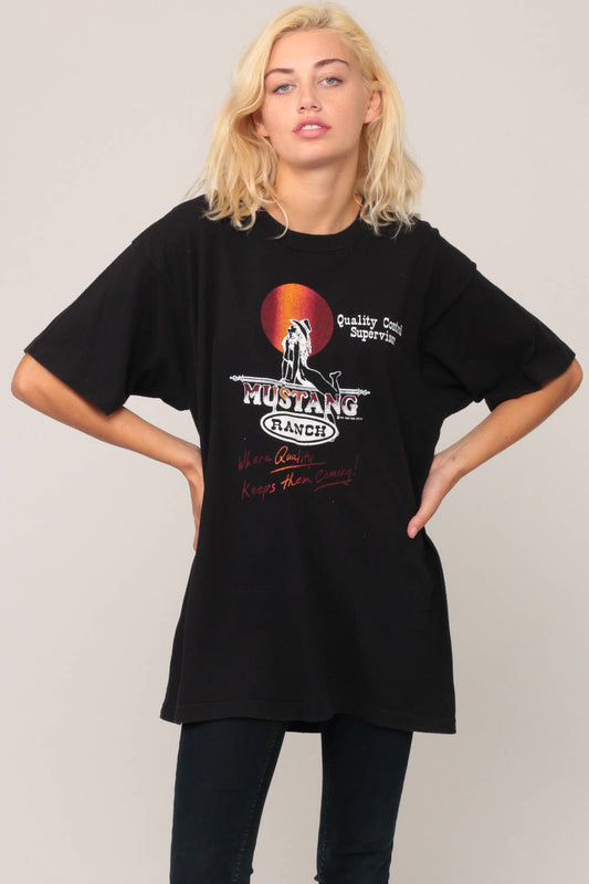 80s Mustang Ranch Pin Up Girl Graphic T-Shirt Black Extra Large