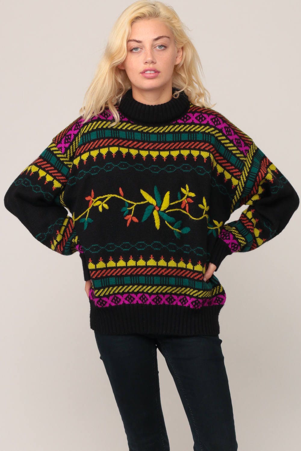80s Floral Embroidered Funnel Neck Sweater Black Knit Plus Size XXL