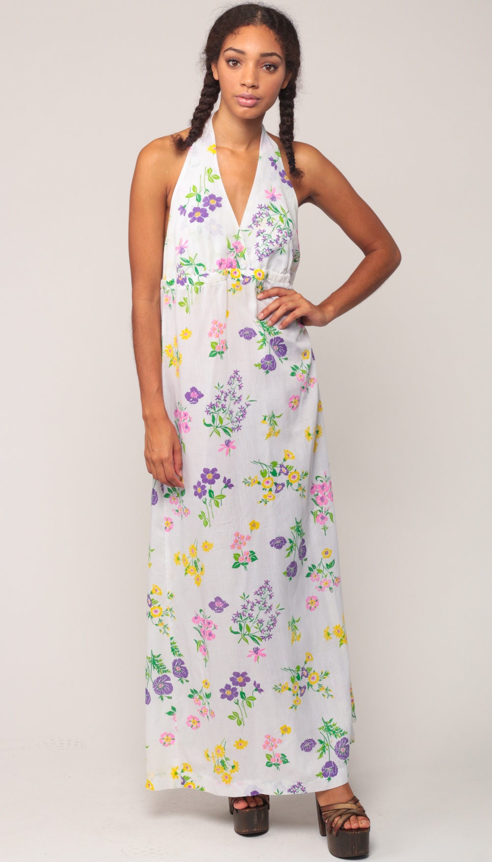 70s White Floral Halter Maxi Dress Deep V Backless Sundress Large