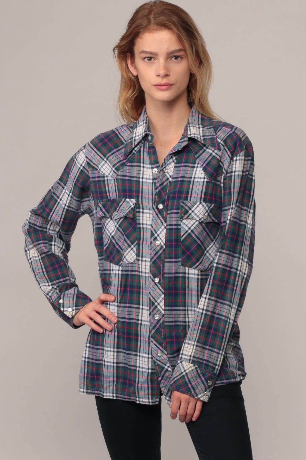70s Wrangler Pearl Snap Western Shirt Plaid Blue Green Large