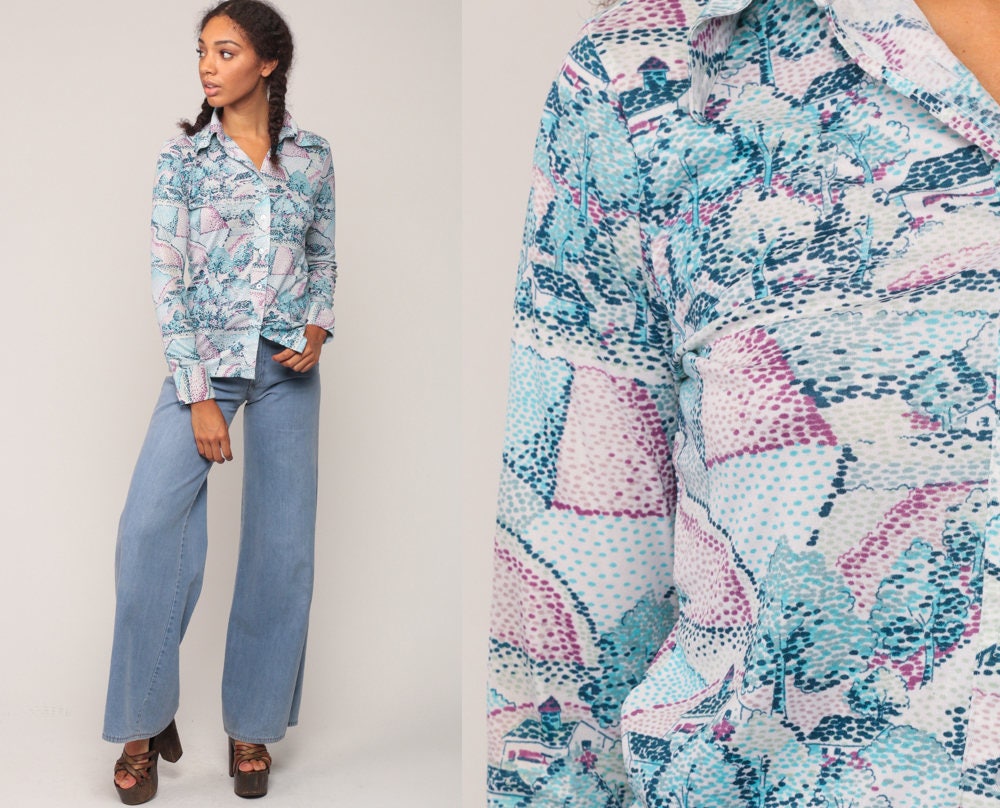 70s House Tree Print Button Up Shirt Blue Long Sleeve Blouse Medium