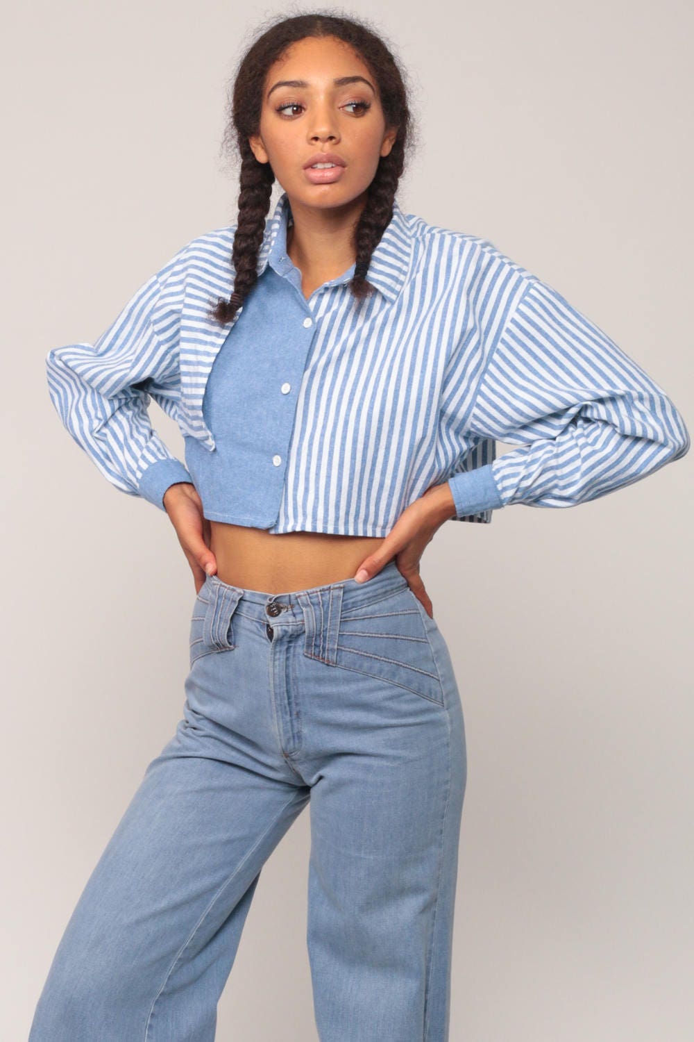 80s Chambray Striped Crop Top Button-Up Blouse Long Sleeve Blue White Small