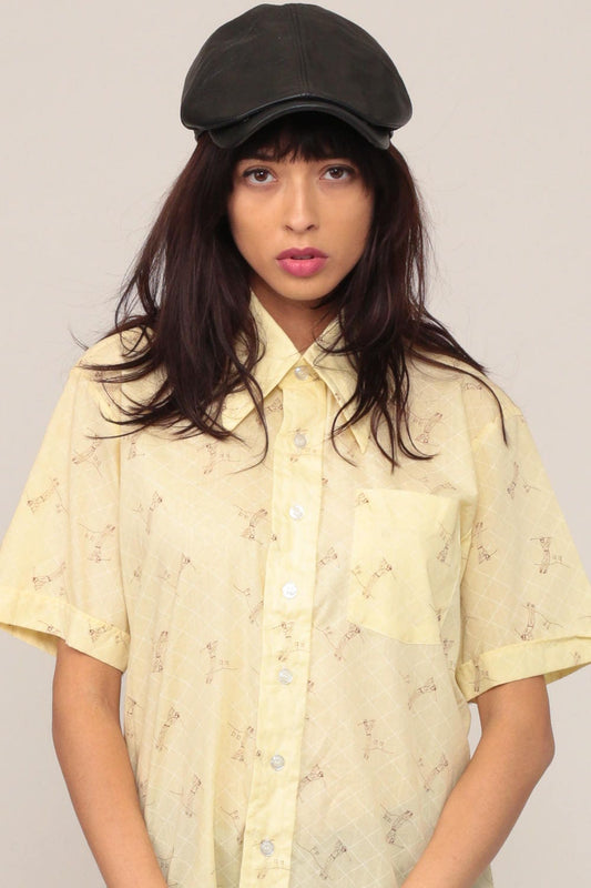 70s Golf Print Shirt Yellow Button Up Novelty Disco Collar Medium