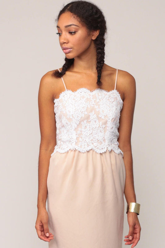 70s White Lace Midi Dress Spaghetti Strap High Waist Nude Skirt Extra Small