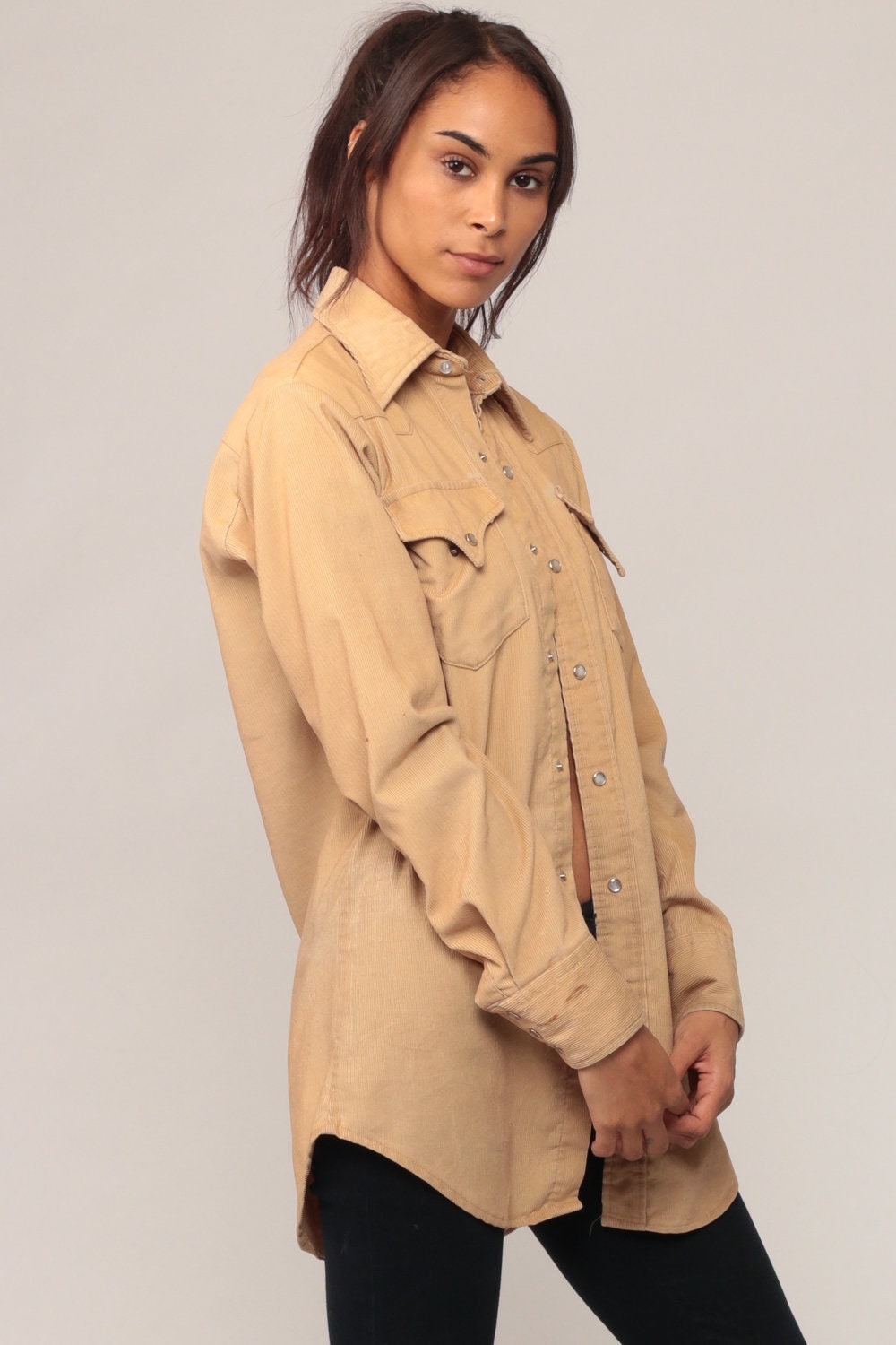 70s Tan Corduroy Pearl Snap Western Shirt Long Sleeve Unisex Small