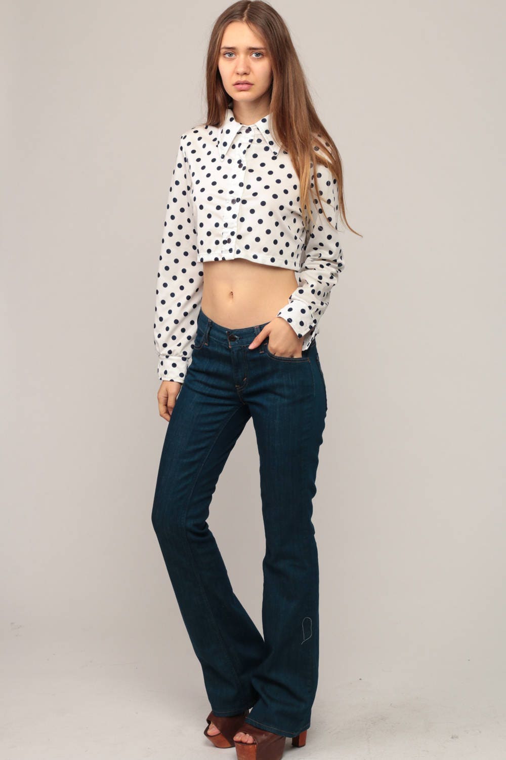 70s White Blue Polka Dot Crop Top Button Up Blouse Long Sleeve Small Medium