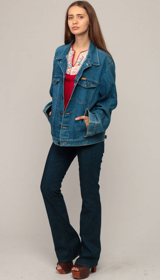 80s Rustler Blue Stone Wash Denim Jacket Trucker Extra Large XL