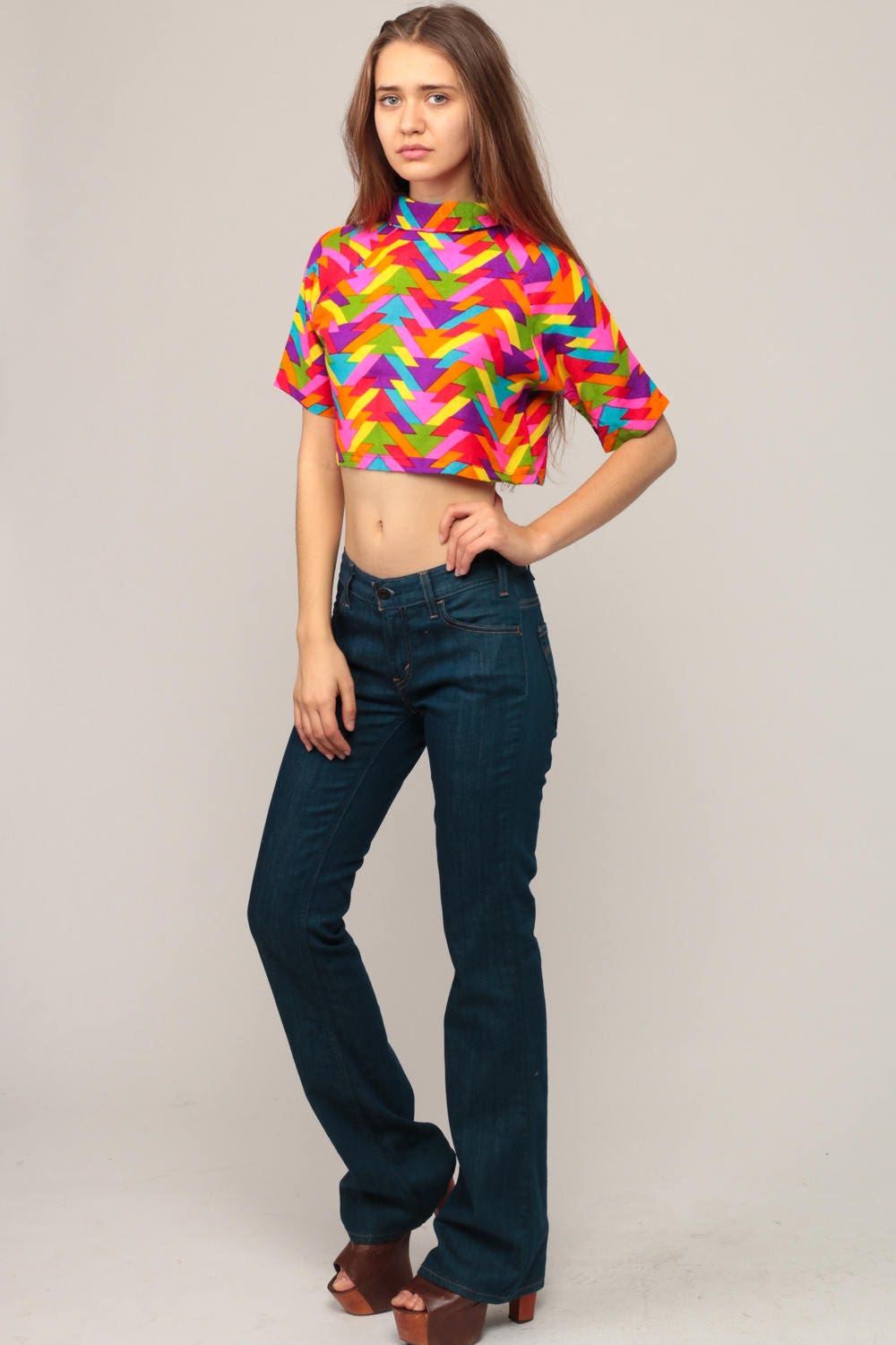 70s Rainbow Geometric Crop Top Turtleneck Short Sleeve Small
