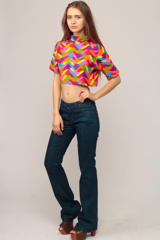 70s Rainbow Geometric Crop Top Turtleneck Short Sleeve Small