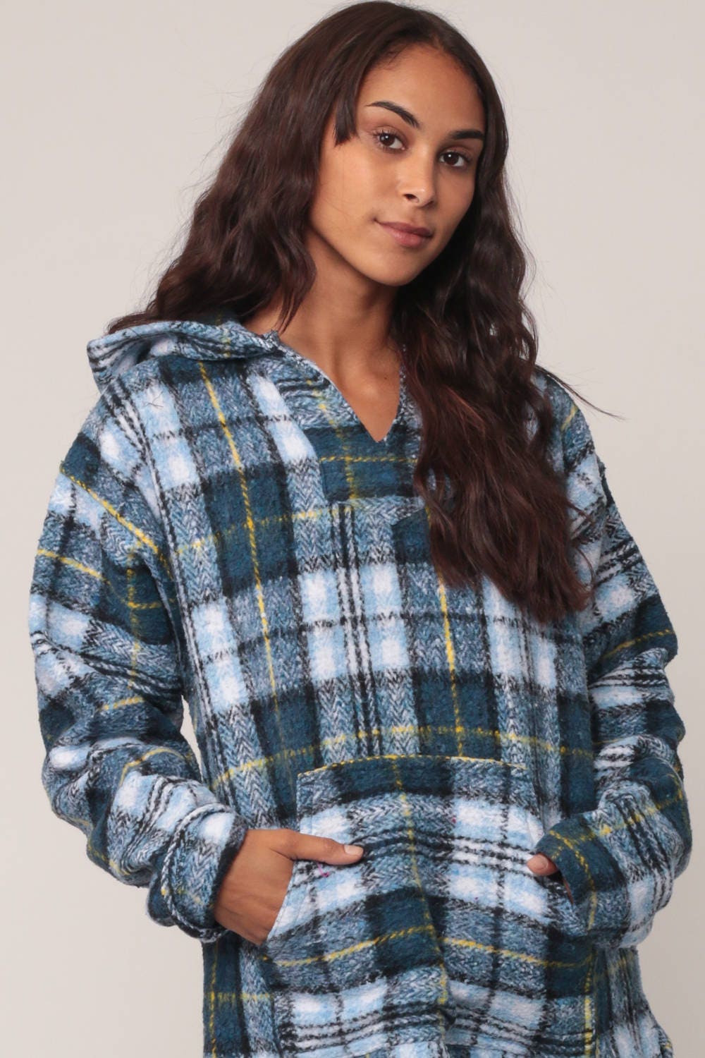 90s Blue Plaid Hooded Sweatshirt Jacket Kangaroo Pocket Small