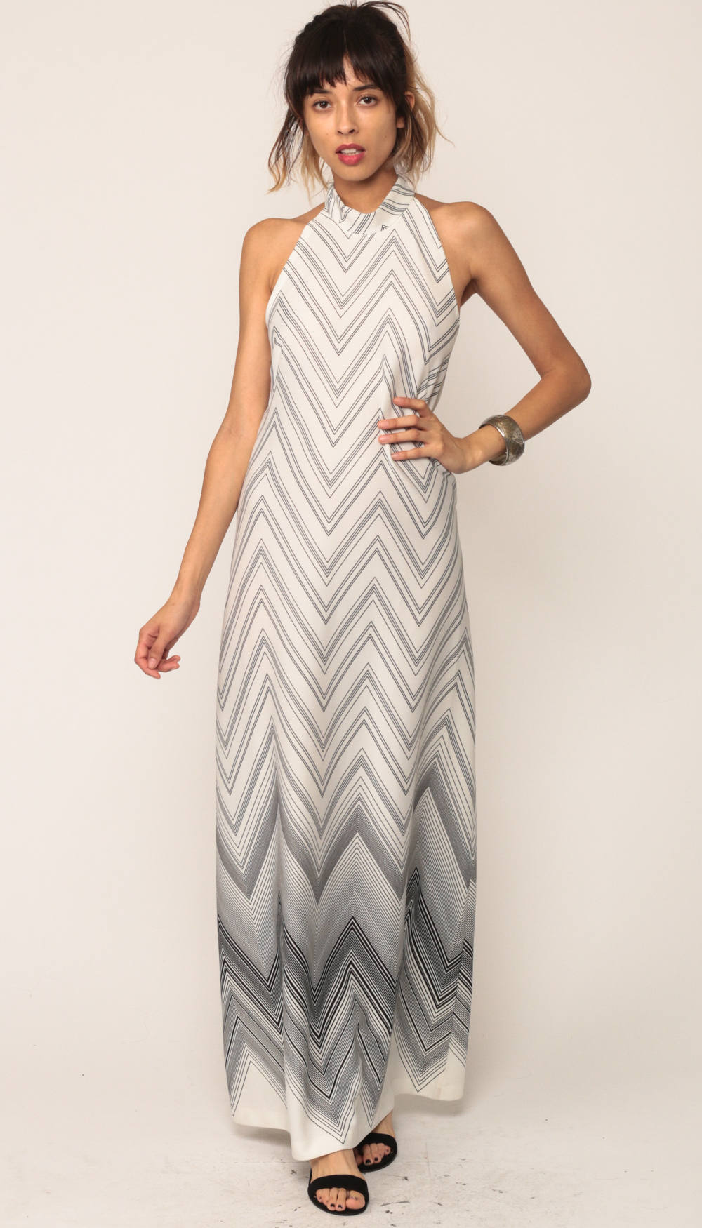 70s Halter Maxi Dress White Black Zig Zag Stripe Open Back Small Medium
