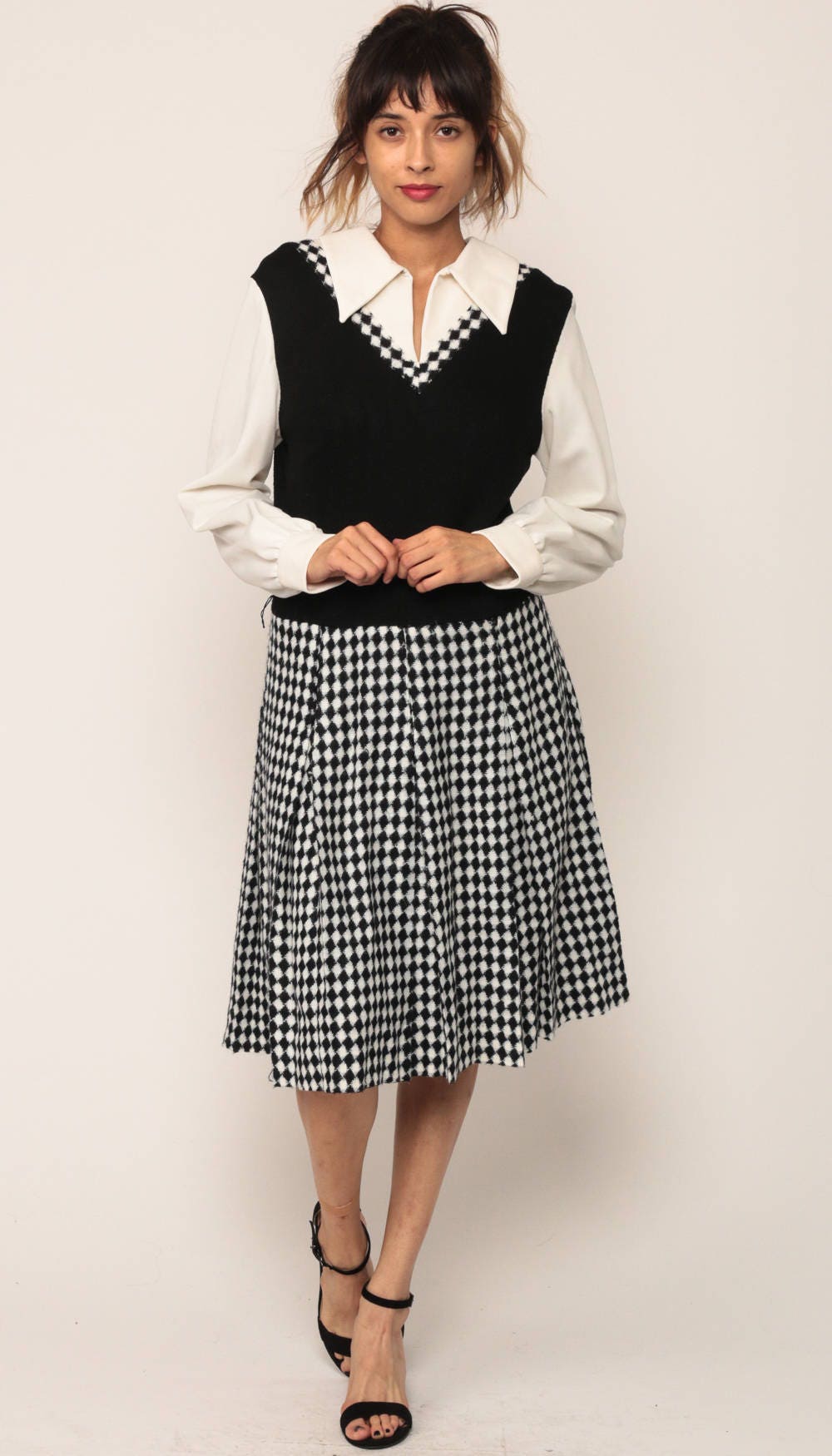 1970s Black White Checkered Midi Dress Drop Waist Pleated Long Sleeve Medium Large