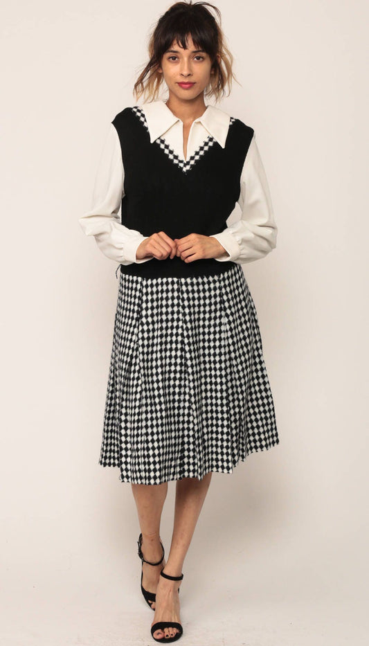 1970s Black White Checkered Midi Dress Drop Waist Pleated Long Sleeve Medium Large