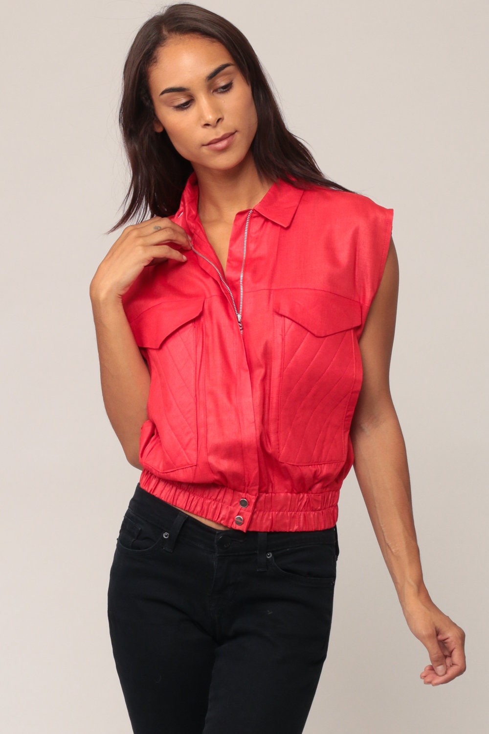 80s Red Zip Vest Cargo Pockets Sleeveless Medium