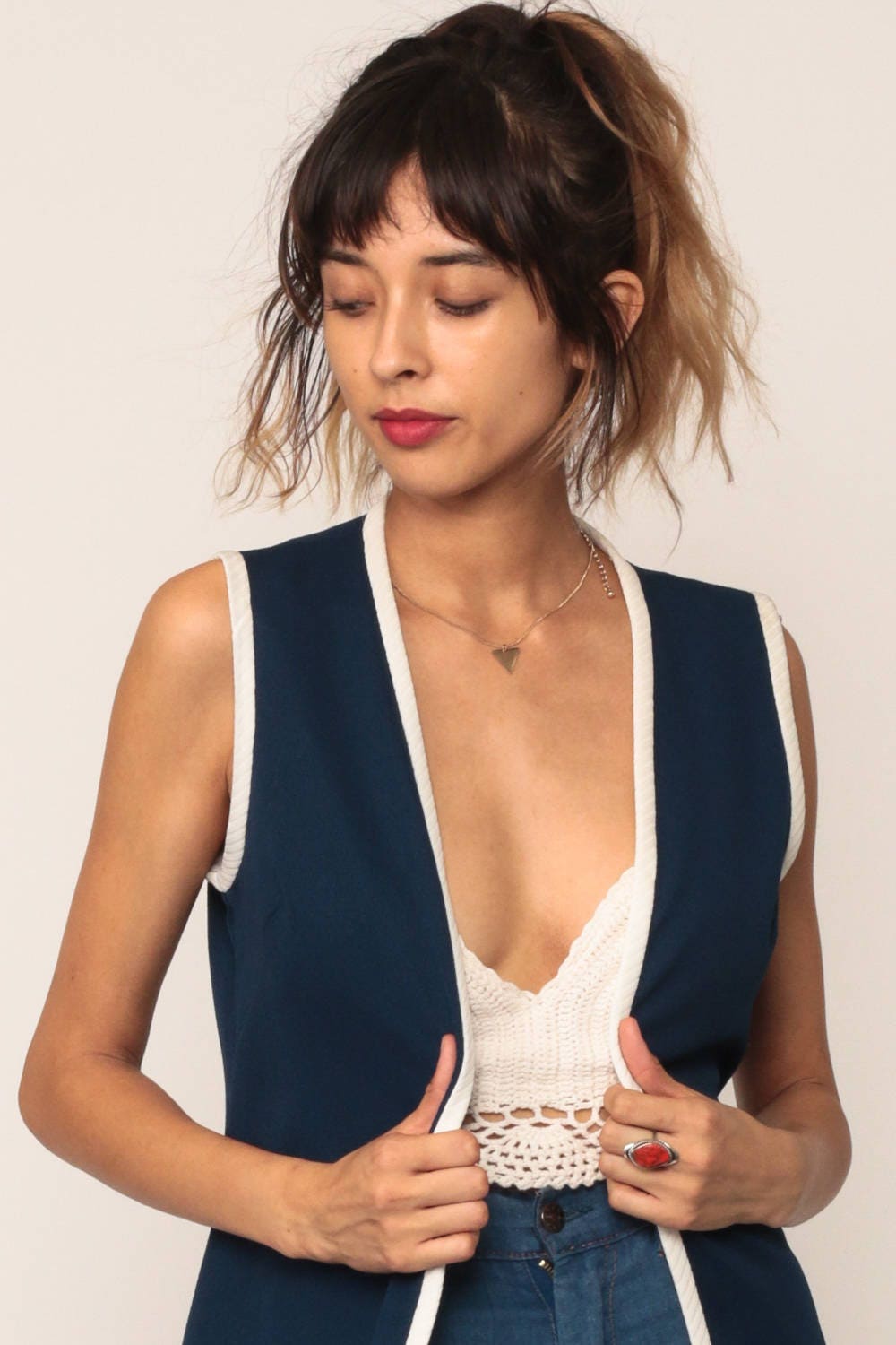 70s Navy Vest Top Sleeveless Open Front White Trim Small Medium
