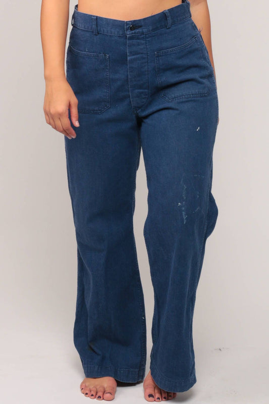 70s High Waisted Bell Bottom Jeans Blue Denim Wide Leg Button Fly Medium