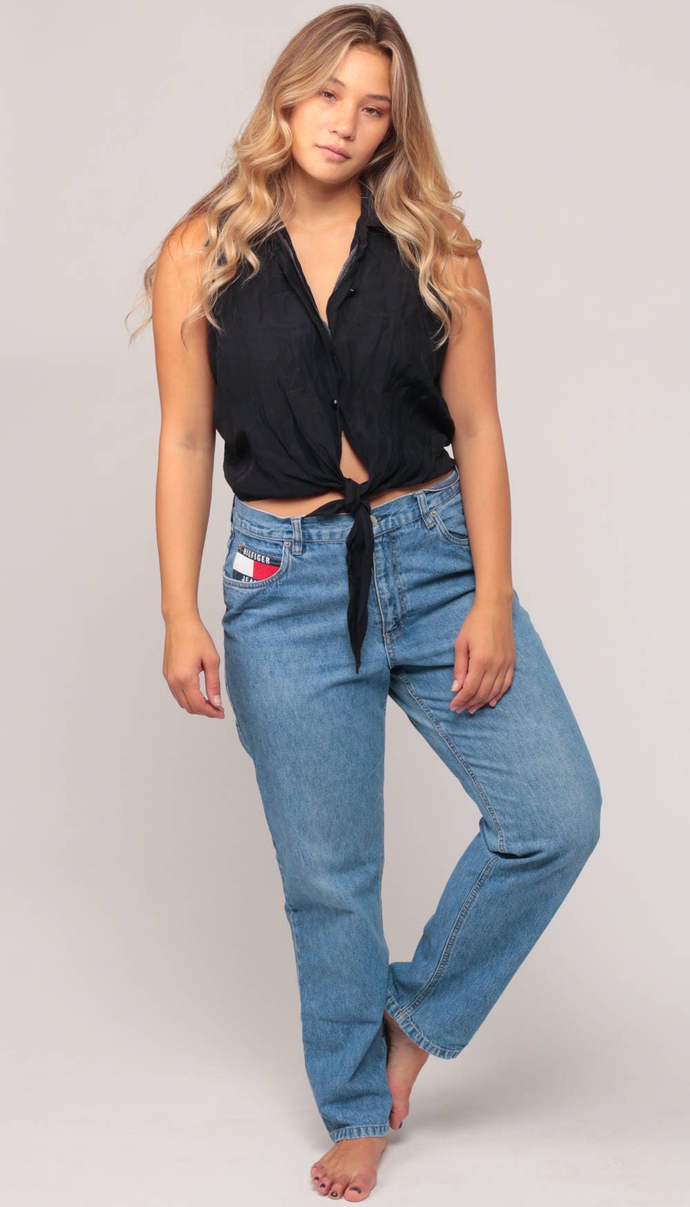 Tommy Hilfiger Mom Jeans High Waist Blue Denim 90s Relaxed Fit Large 12