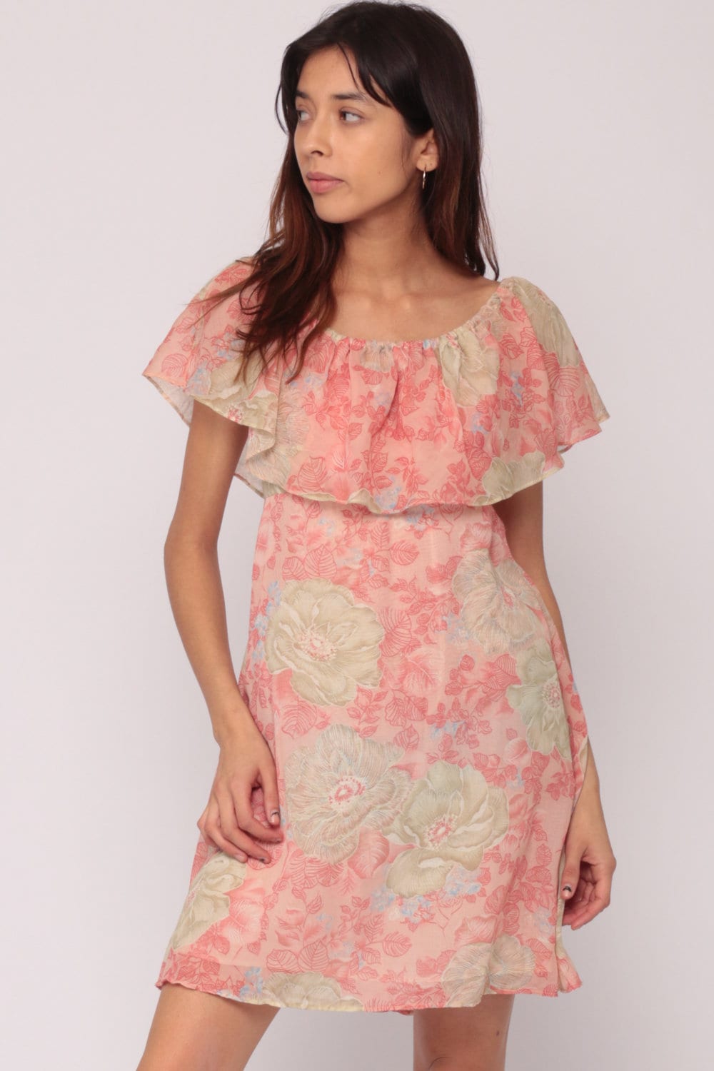 70s Pink Floral Flutter Sleeve Mini Dress Off-Shoulder Small Medium