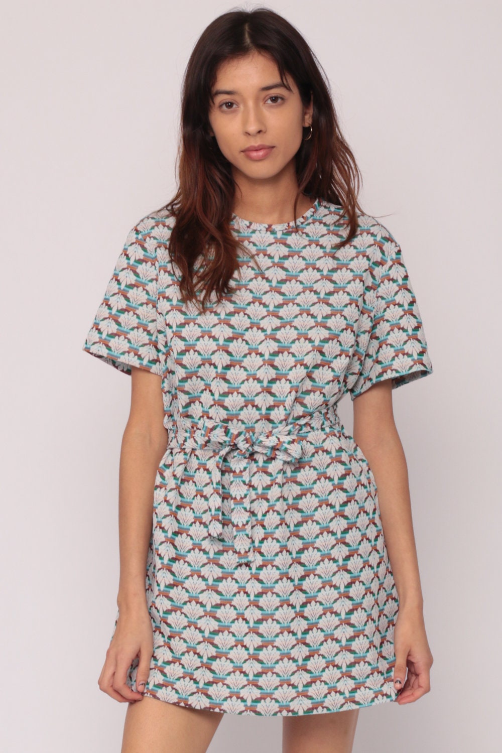 1960s Mod Shift Mini Dress Geometric Wallpaper Print Belted Large