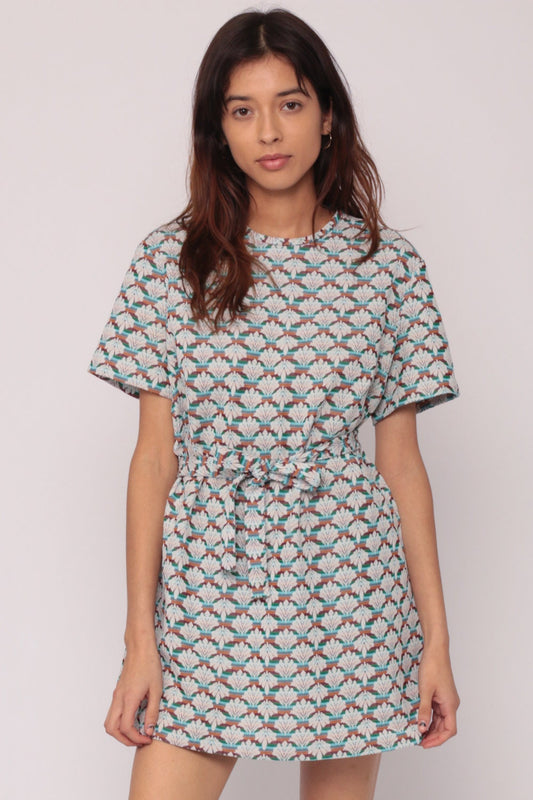 1960s Mod Shift Mini Dress Geometric Wallpaper Print Belted Large