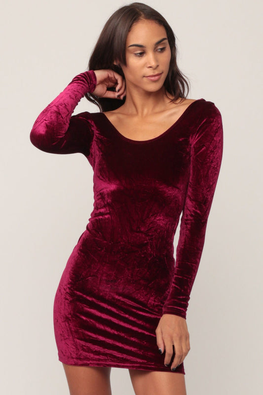 90s Wine Velvet Bodycon Mini Dress Long Sleeve Extra Small