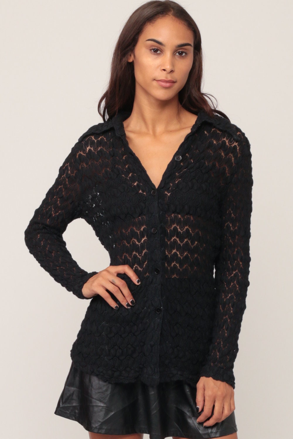 70s Black Crochet Blouse Long Sleeve Open Weave Button Up Small Medium