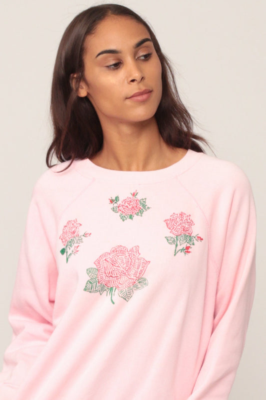 80s Hand Painted Floral Sweatshirt Baby Pink Raglan Graphic Crewneck Large