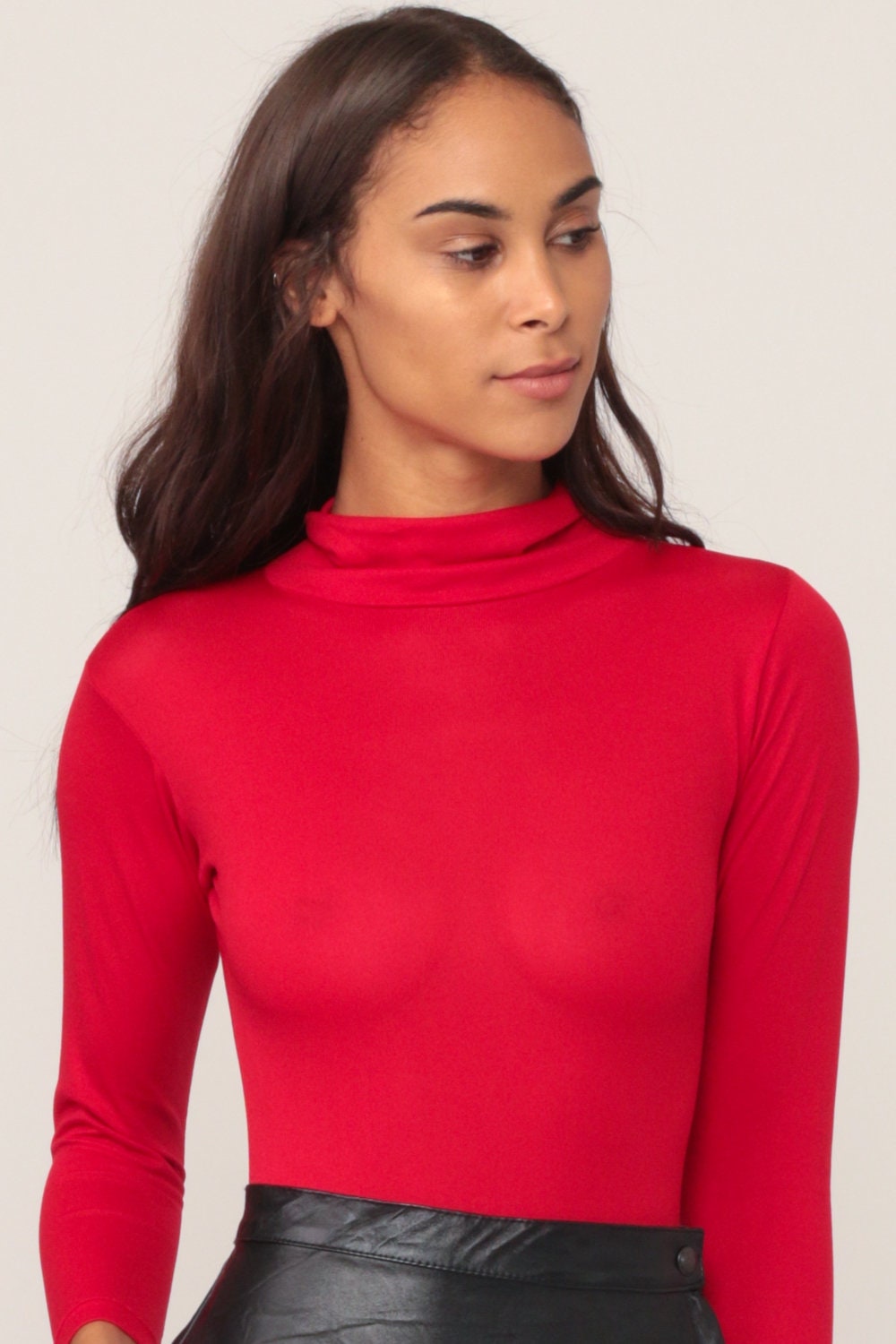 70s Red Turtleneck Bodysuit Long Sleeve Leotard Sheer Small