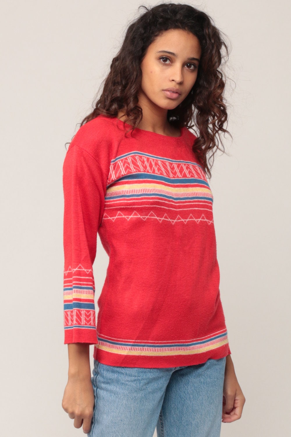 70s Red Striped Knit Sweater Pullover Geometric Small