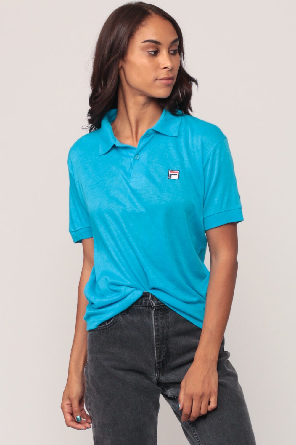 80s Fila Polo Shirt Turquoise Short Sleeve Cotton Blend Small