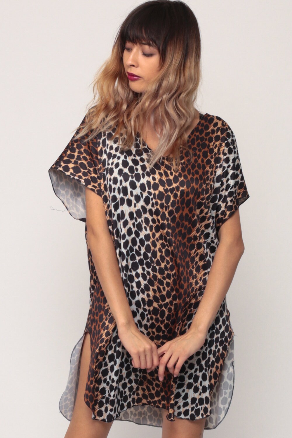 80s Leopard Print Nightgown Mini Chemise Short Sleeve Small