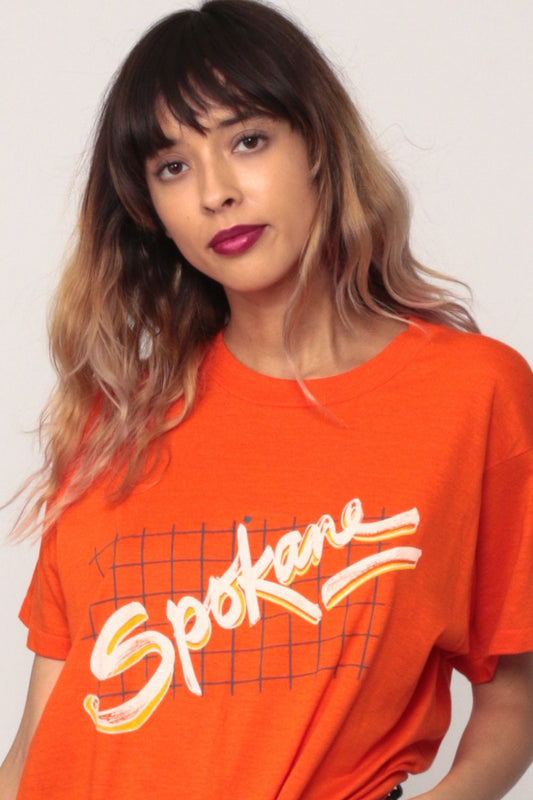 80s Spokane Washington State Graphic T-Shirt Burnout Orange Extra Large XL