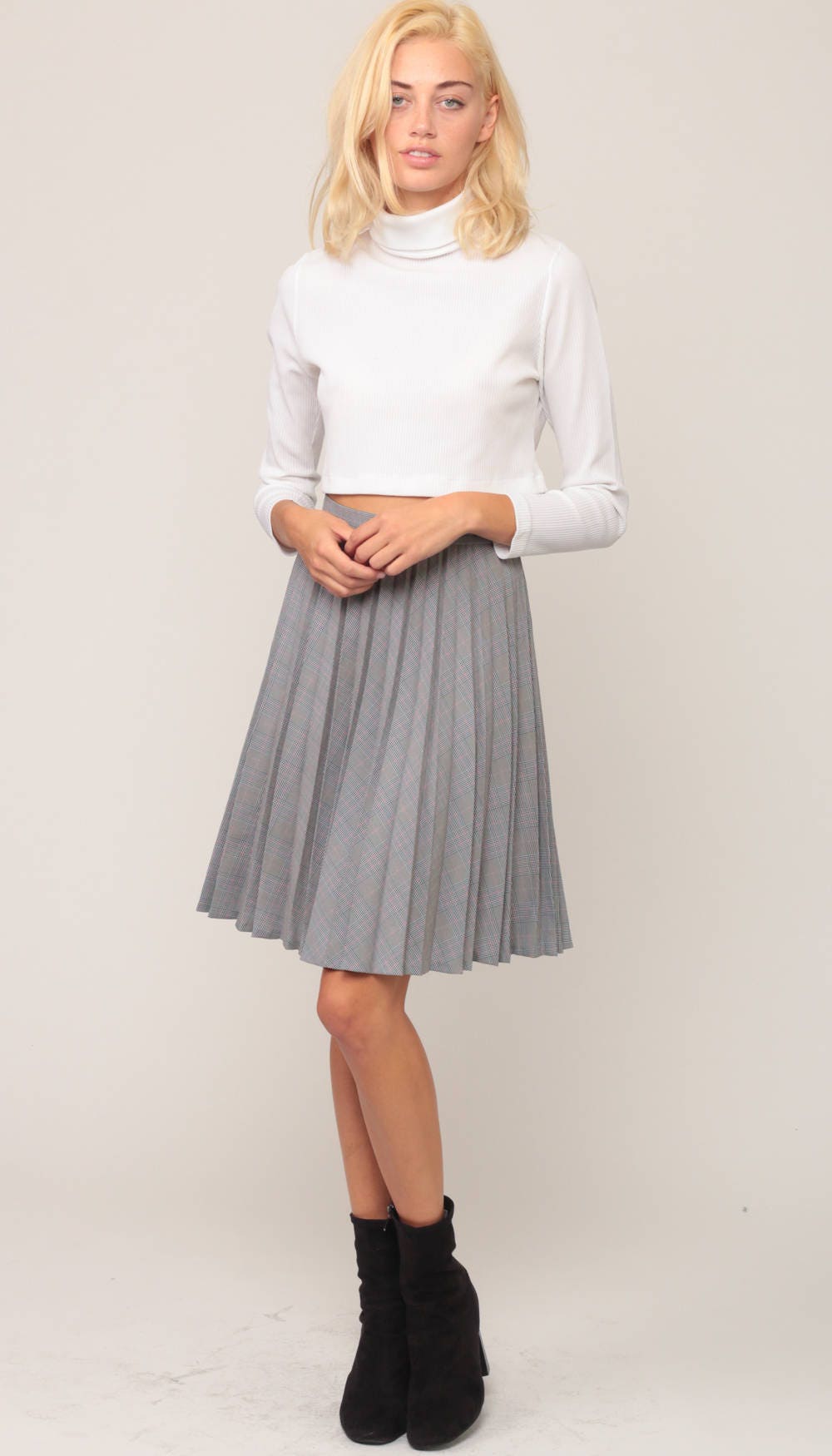 70s Black White Pink Houndstooth Pleated Midi Skirt High Waist Extra Small