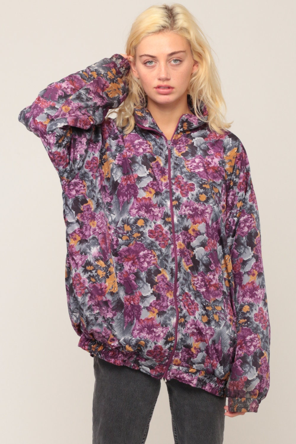 90s Purple Floral Windbreaker Jacket Nylon Zip Front Large