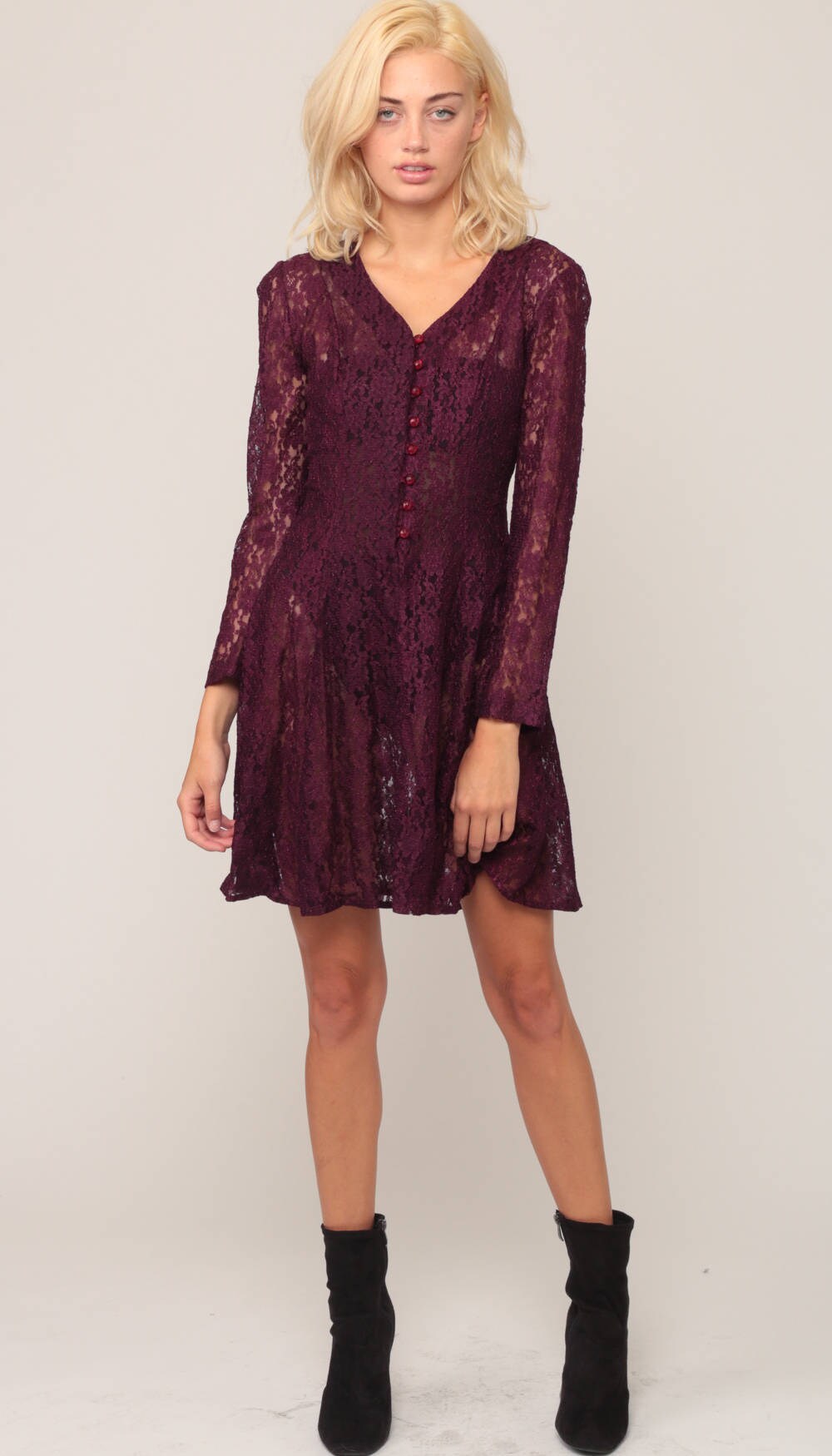 90s Purple Lace Mini Dress Button-Up Long Sleeve Sheer Fitted Small
