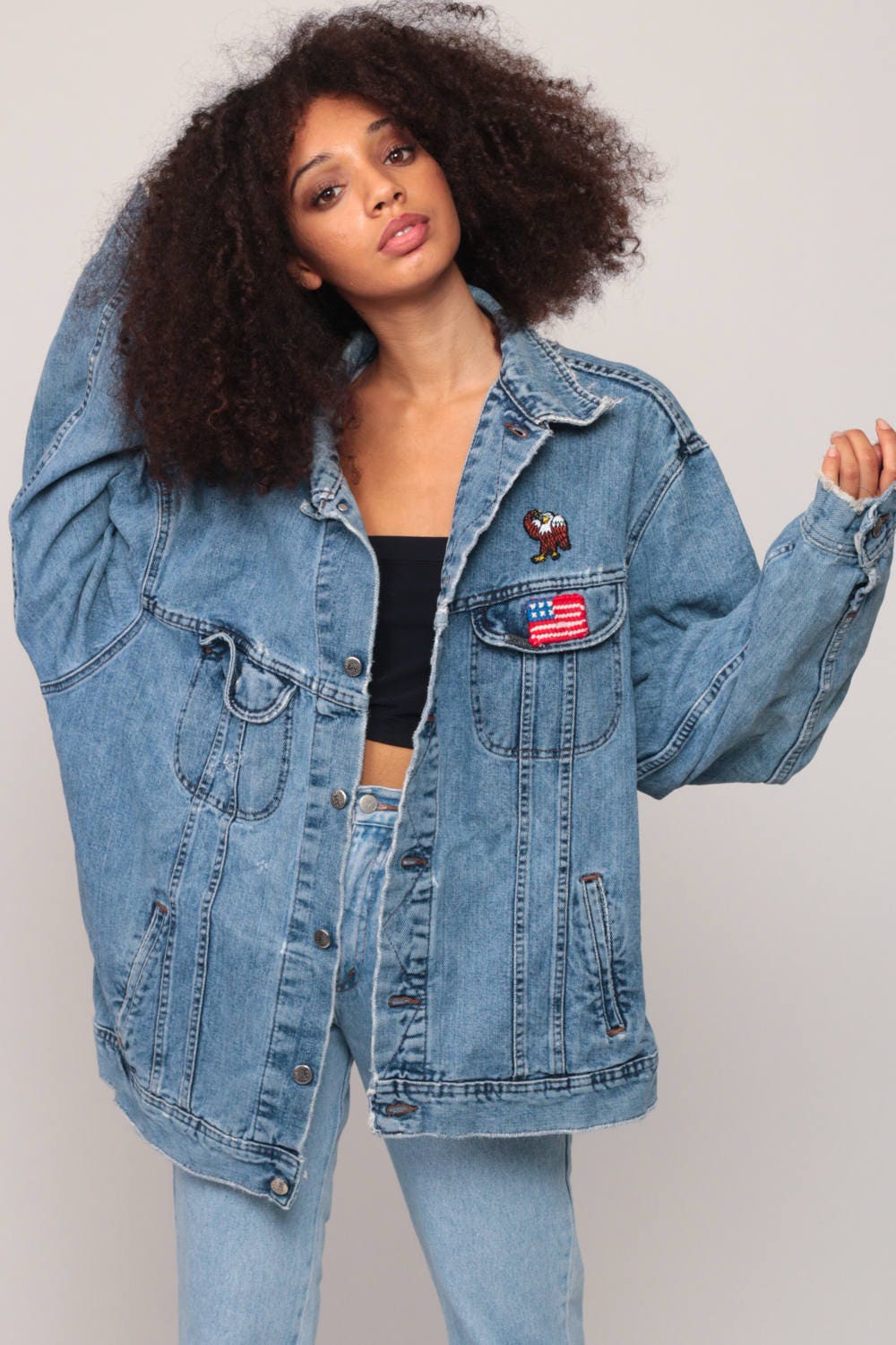 80s Lee Denim Jacket American Flag Eagle Patch Blue Unisex Extra Large