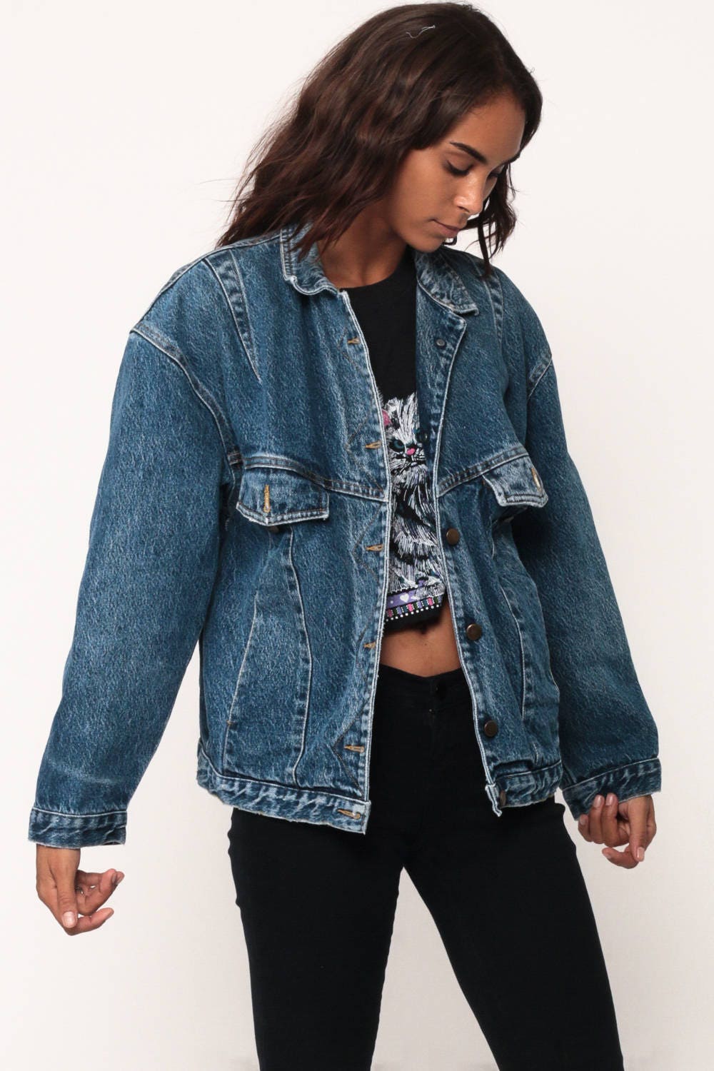80s Blue Denim Jacket Trucker Jean Coat Button Front Medium