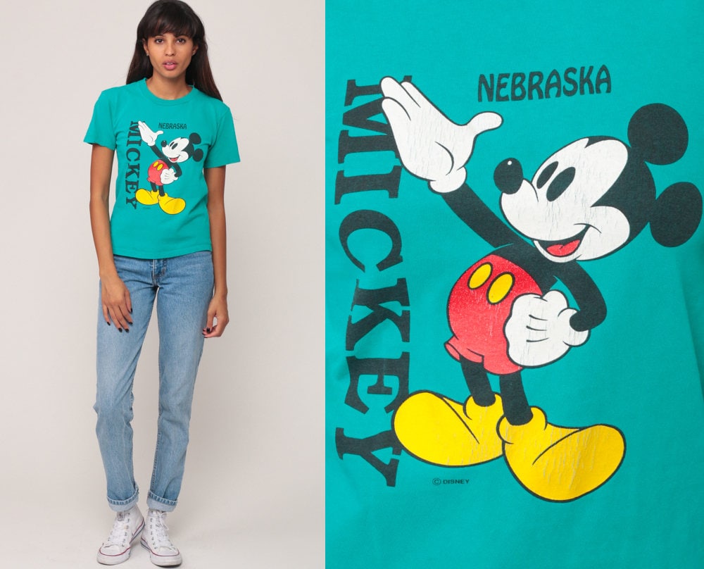90s Mickey Mouse Walt Disney Nebraska Graphic T-Shirt Grey Cotton Extra Small
