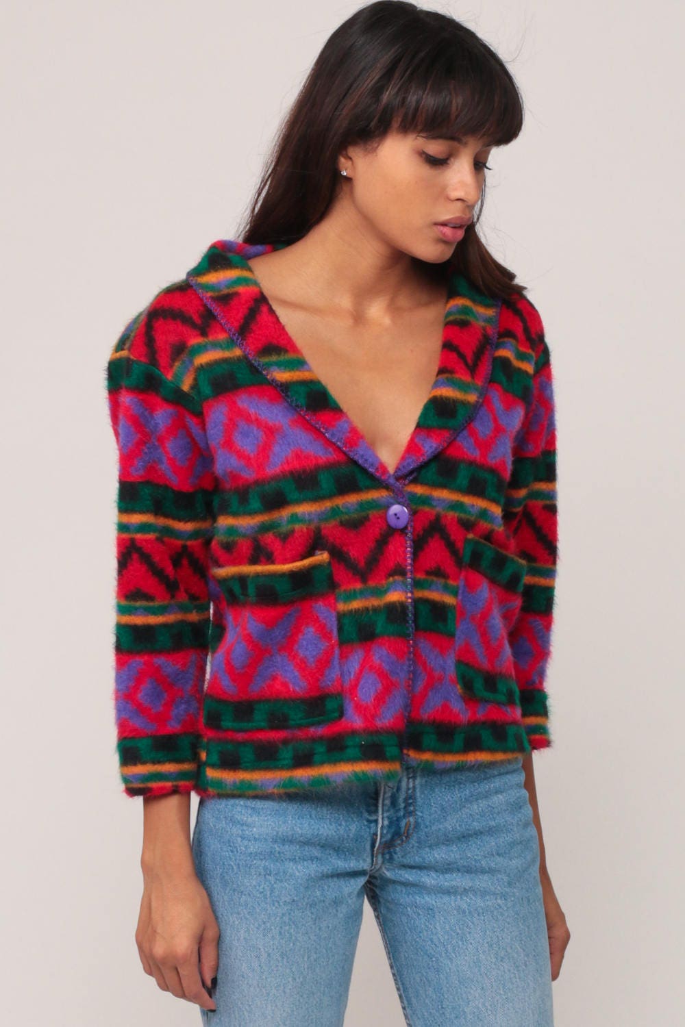 90s Southwestern Fleece Jacket Aztec Print Button Front Medium