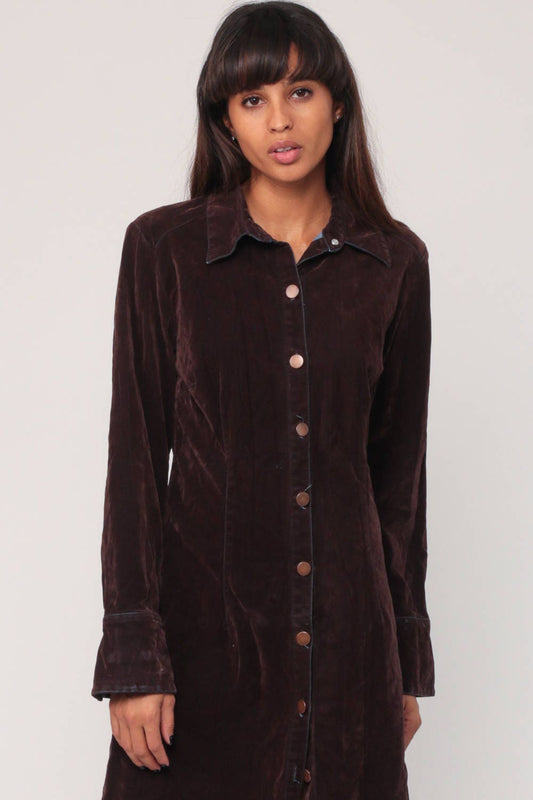 90s Brown Velvet Mini Dress Long Sleeve Button-Up Small