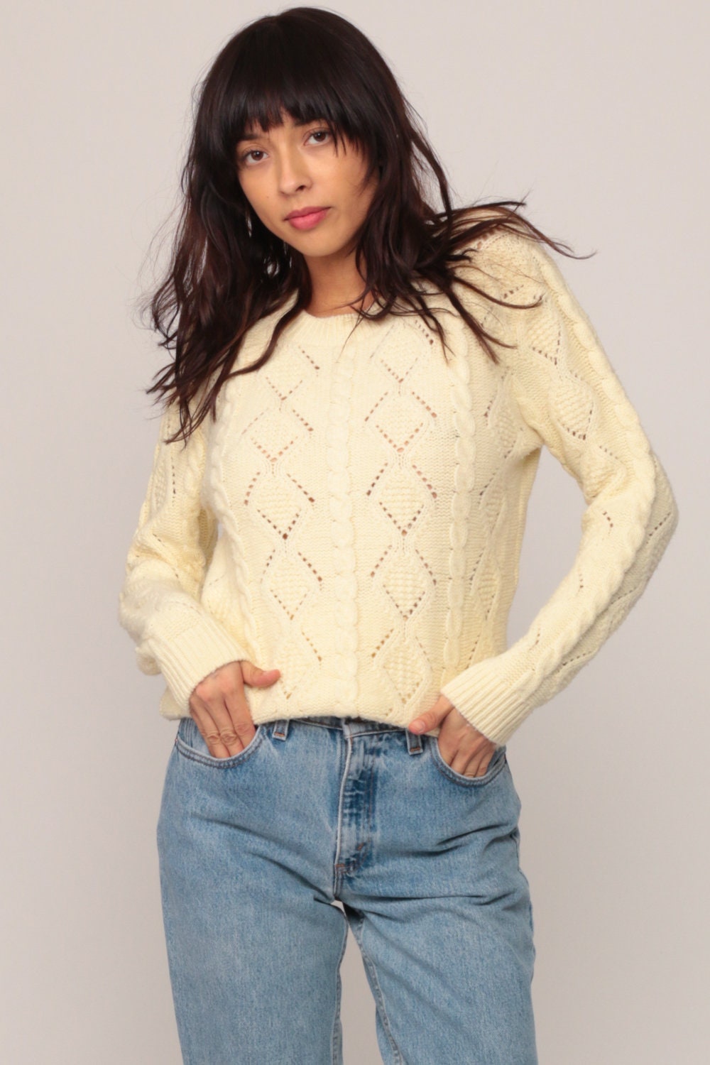 80s Wool Cable Knit Sweater Cream Fisherman Pullover Diamond Cutout Large
