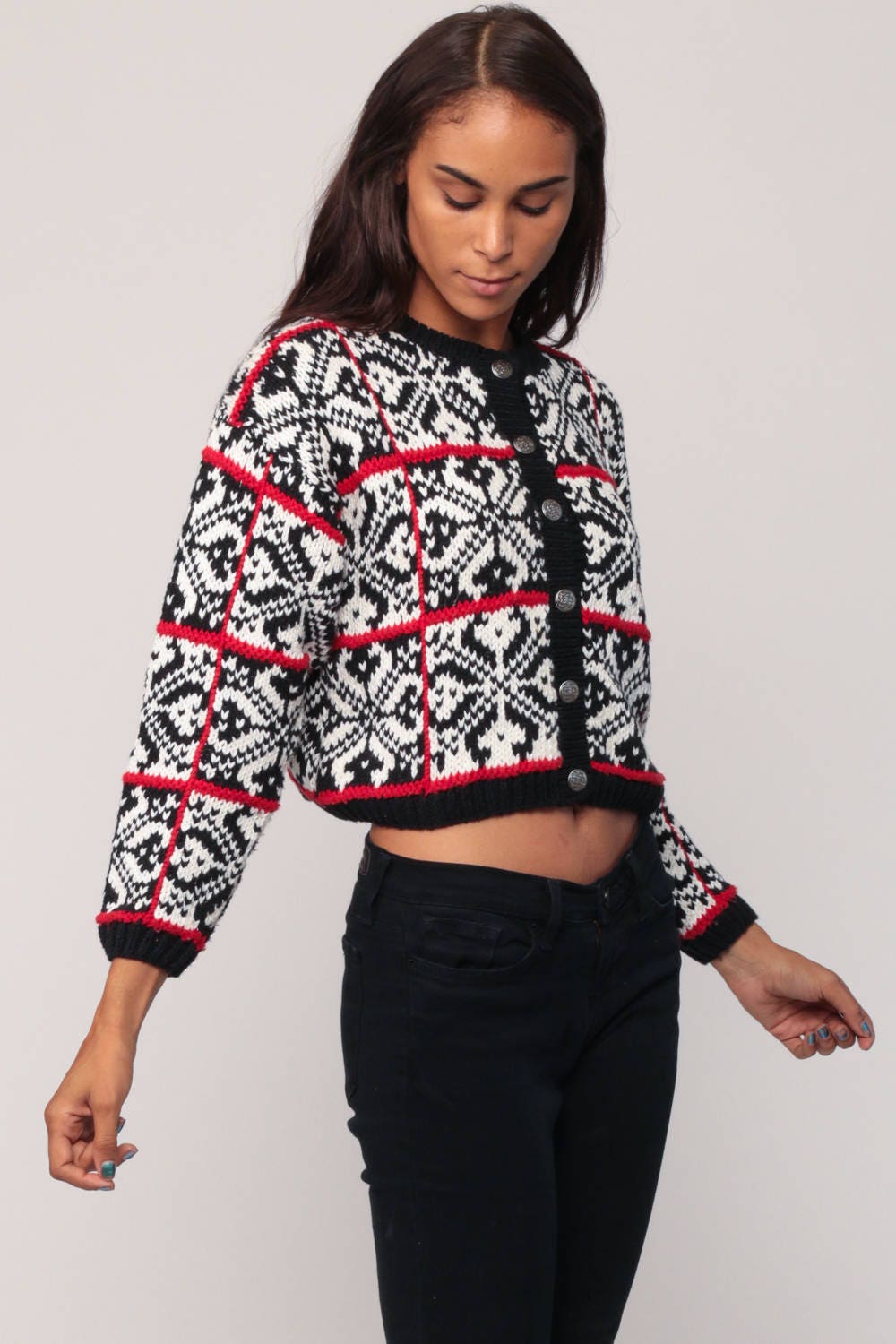 90s Norwegian Fair Isle Cardigan Black White Red Cotton Small