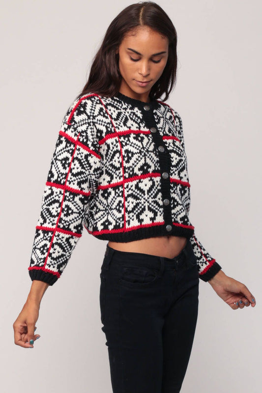 90s Norwegian Fair Isle Cardigan Black White Red Cotton Small