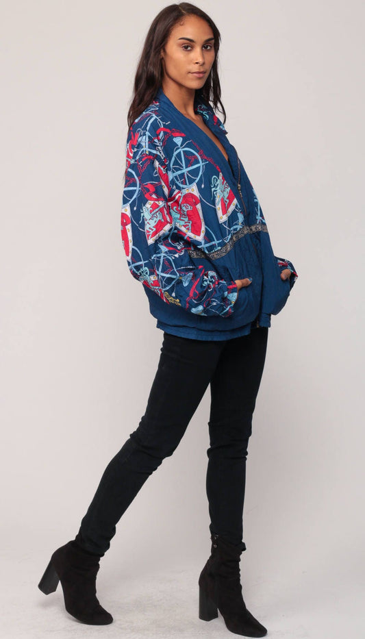 90s Carousel Horse Windbreaker Jacket Blue Nylon Track Coat Large