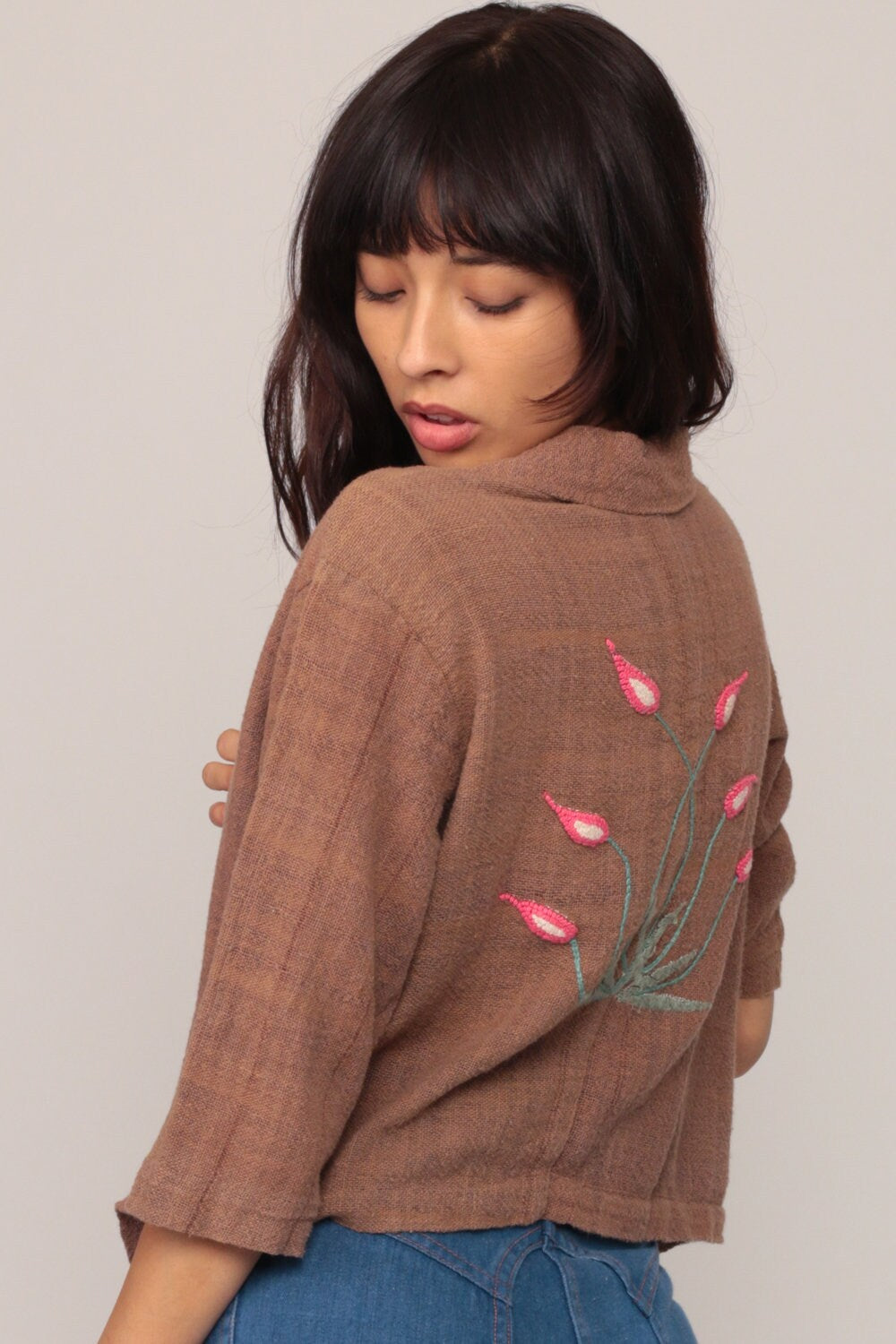 70s Floral Embroidered Brown Cotton Blouse 3/4 Sleeve Large