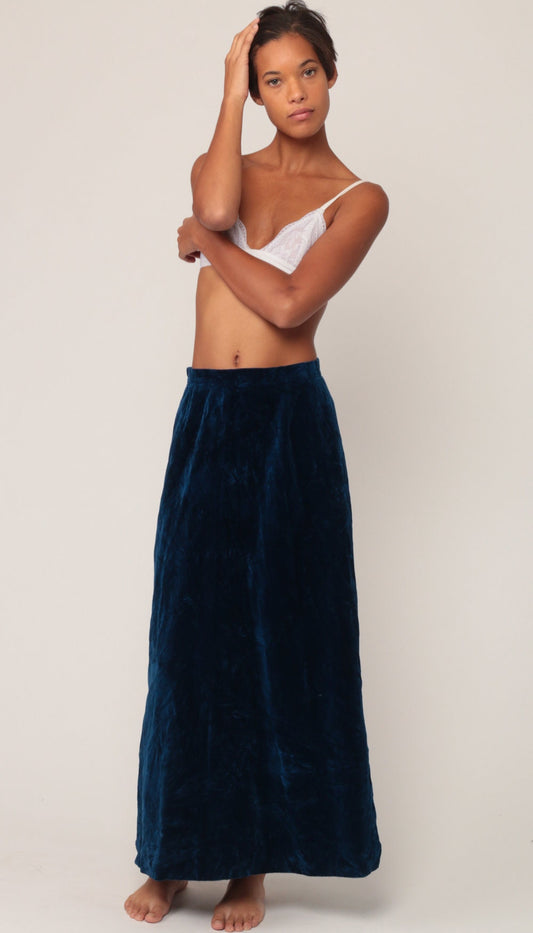 70s Blue Velvet Maxi Skirt High Waisted Side Slit Long Skirt Small