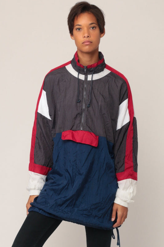 80s Windbreaker Jacket Half Zip Pullover Colour Block Striped Brown Blue Extra Large